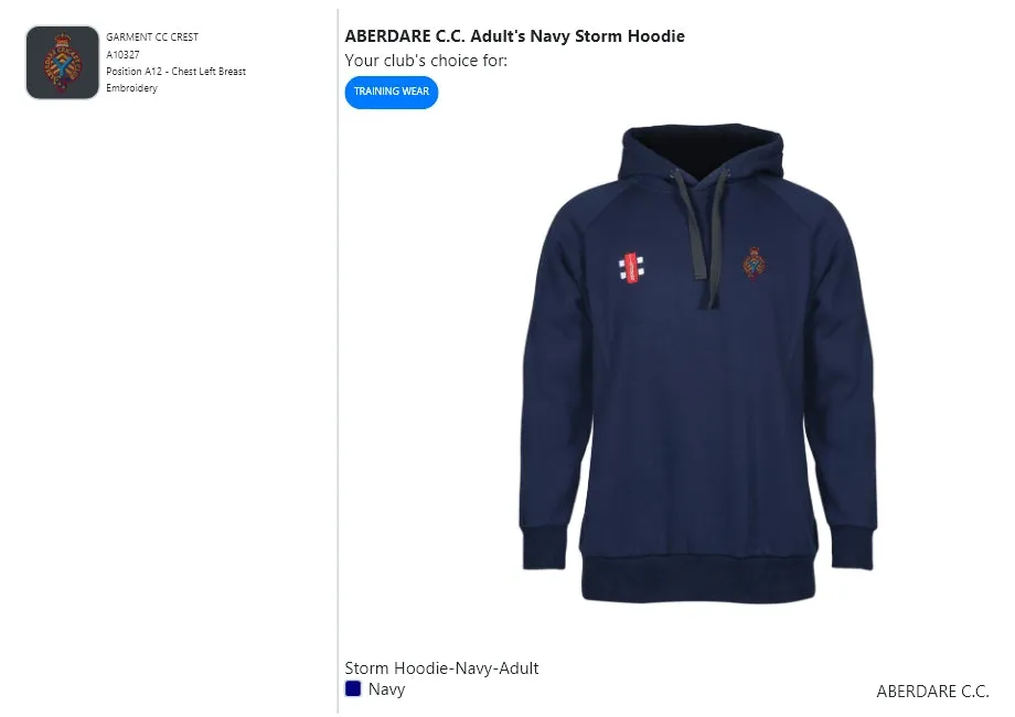 ABERDARE C.C. Adult's Navy Storm Hoodie