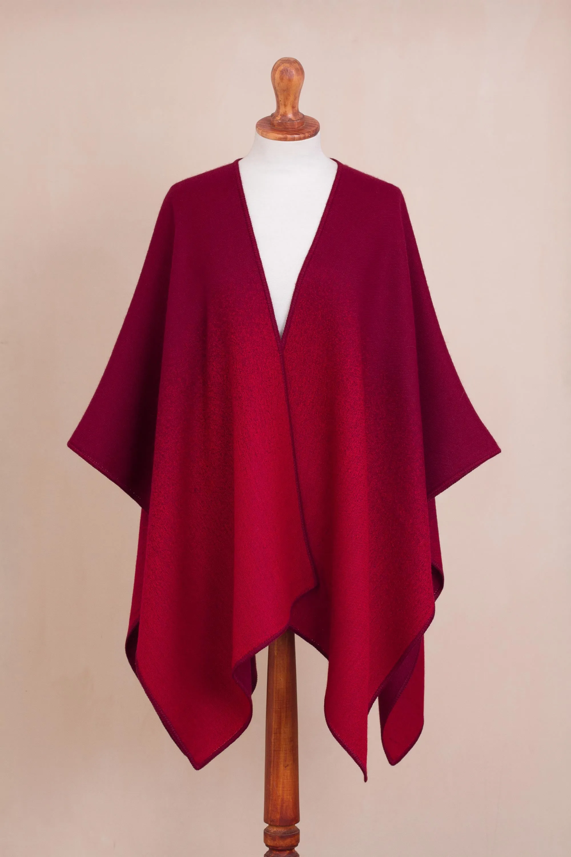 Andean Vistas in Wine Reversible Alpaca Blend Ruana in Tomato and Wine