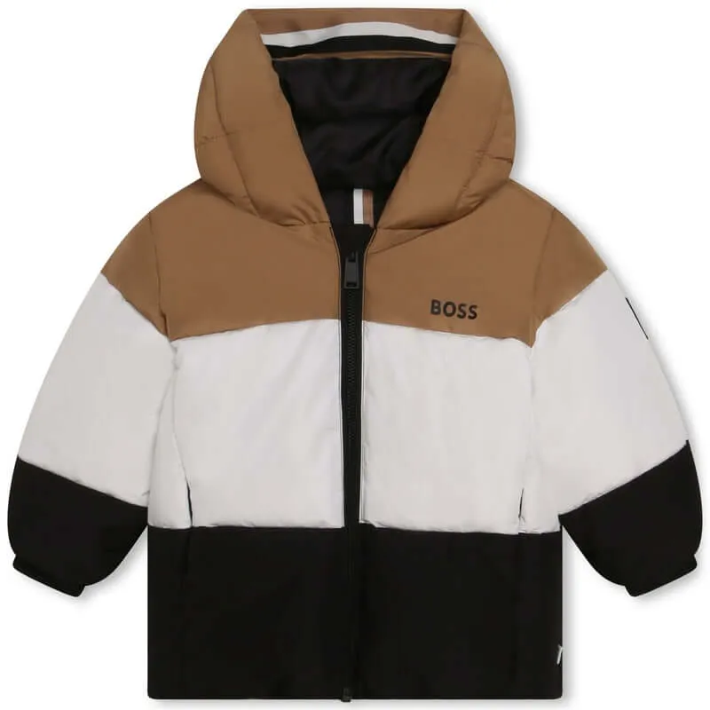 Baby Boys Camel & Black Stripe Puffer Coat