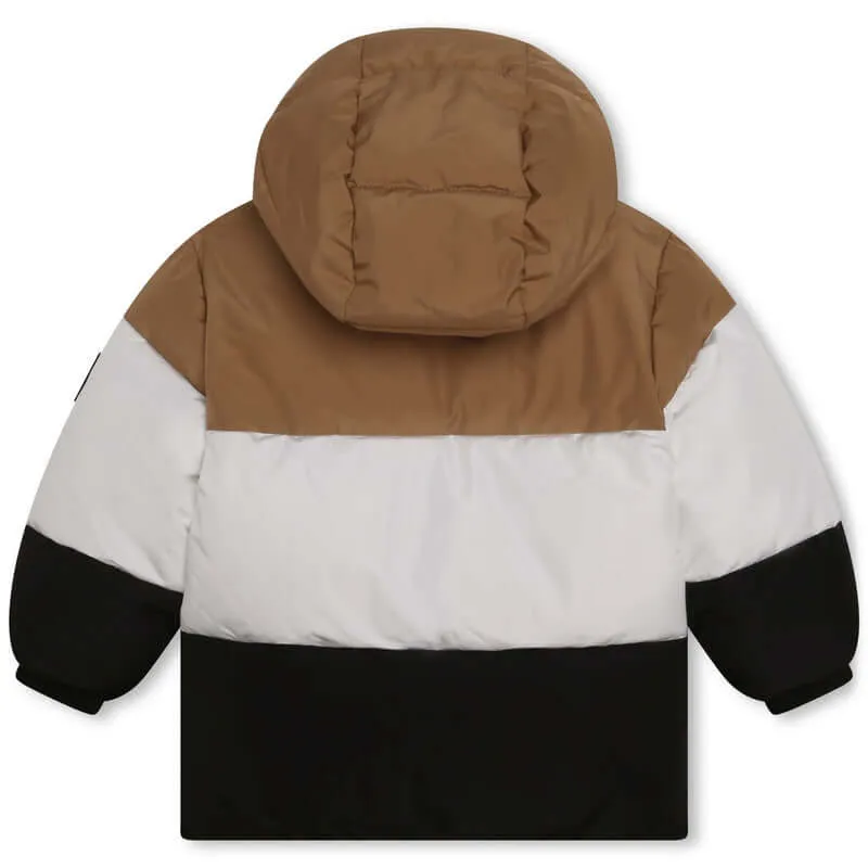 Baby Boys Camel & Black Stripe Puffer Coat