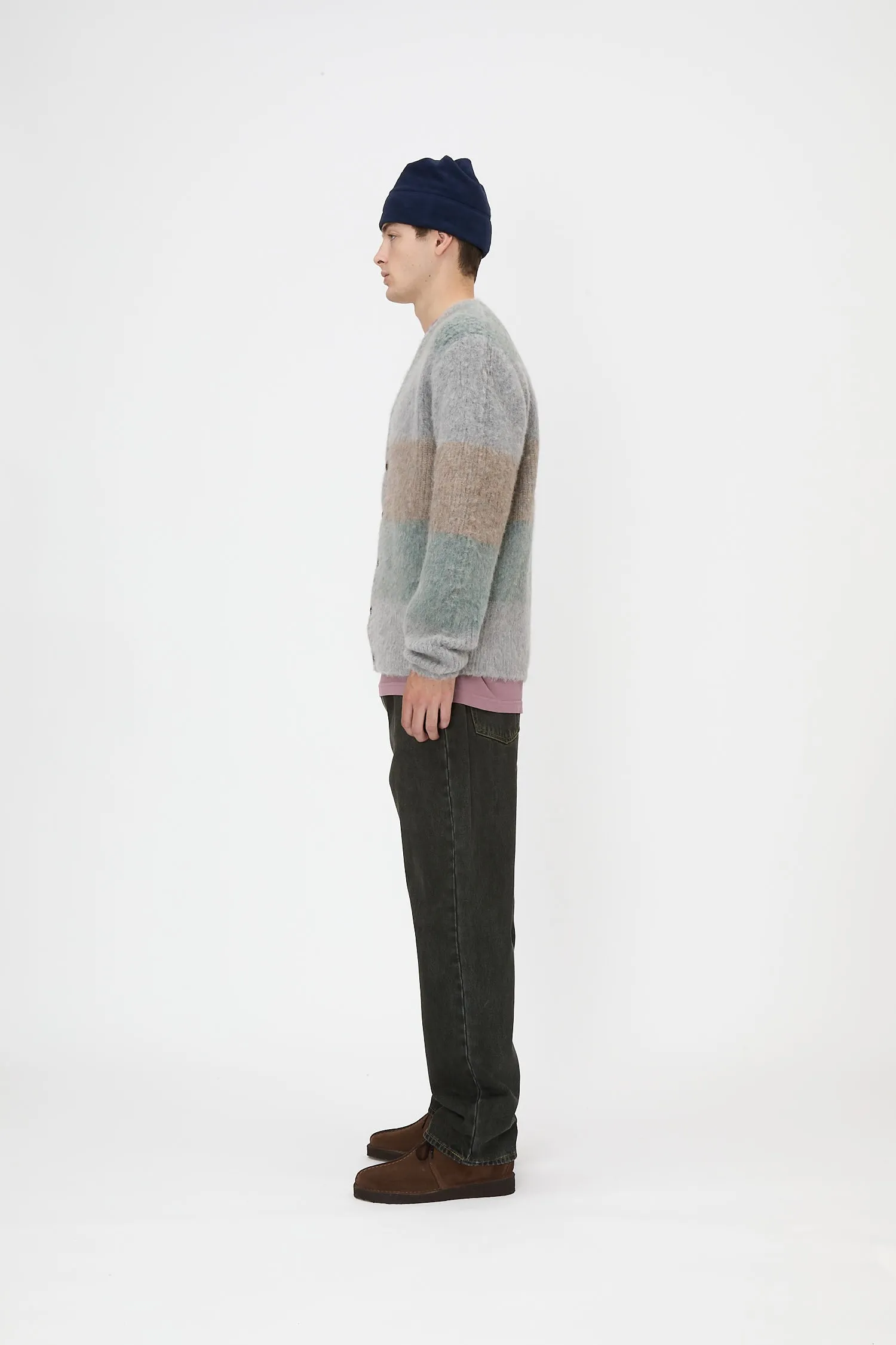 Band Neck Cardigan - Blue Stripe