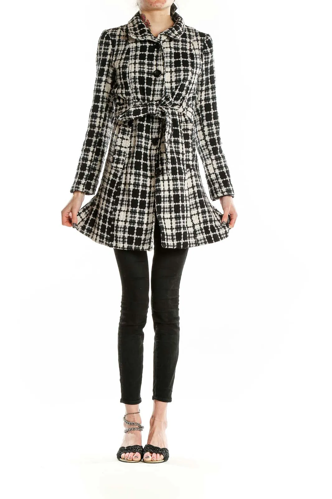 Black and White Plaid Wool-Blend Coat