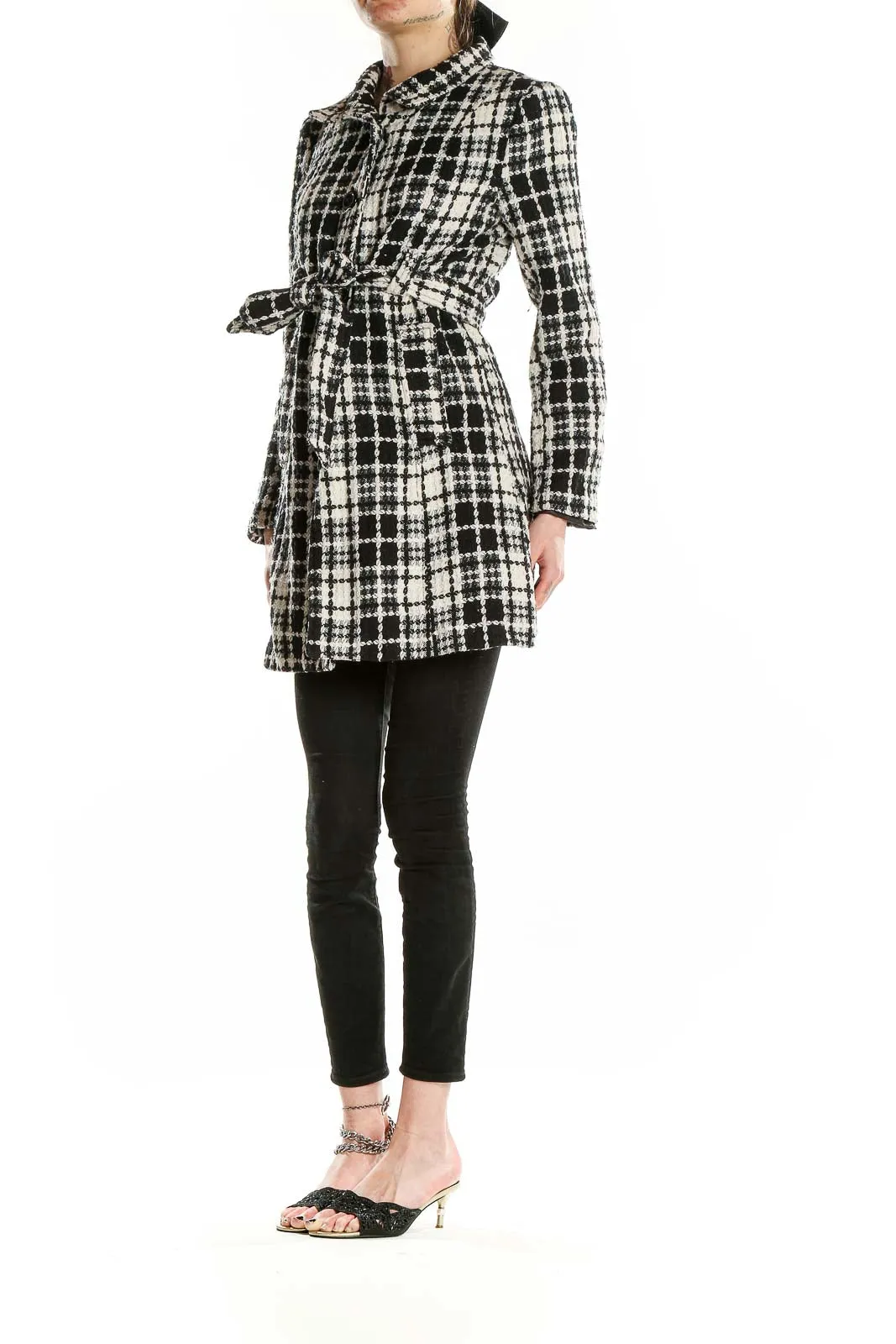 Black and White Plaid Wool-Blend Coat