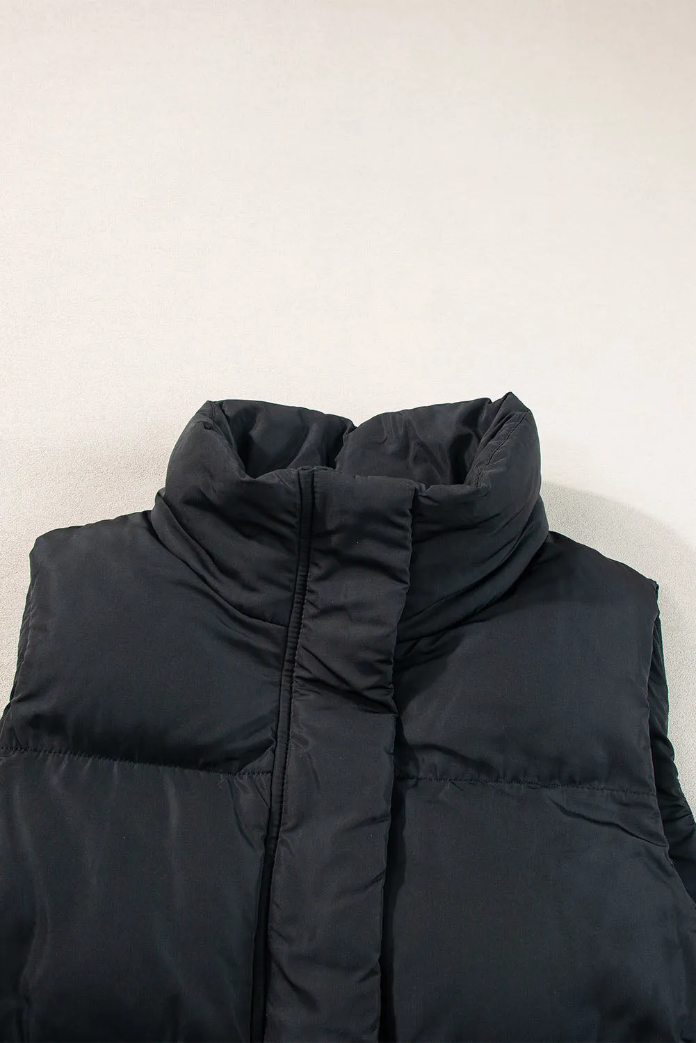 Black Solid Color Puffer Zip Up Pocketed Vest Coat