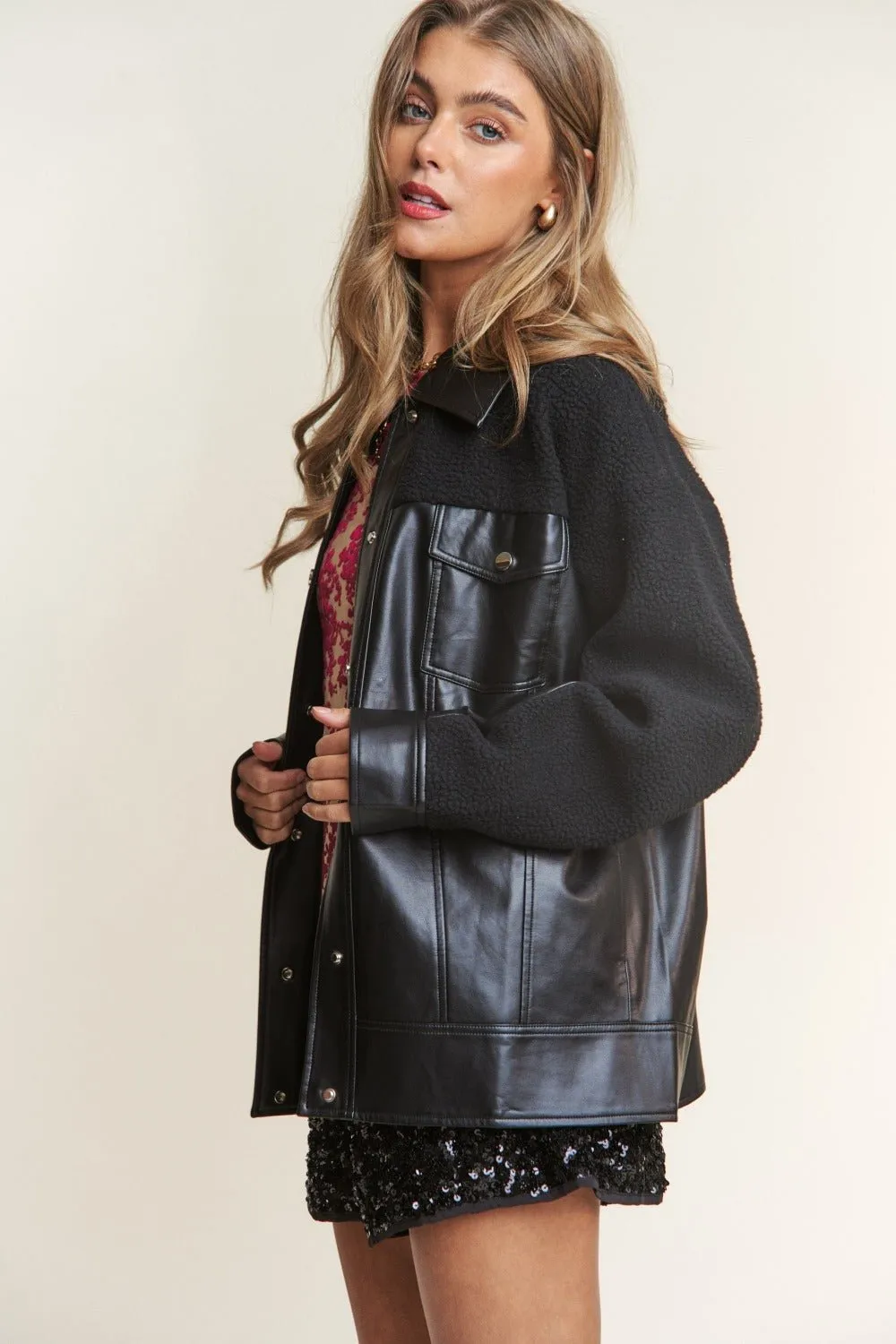 Black Vegan Leather & Sherpa Snap Down Jacket