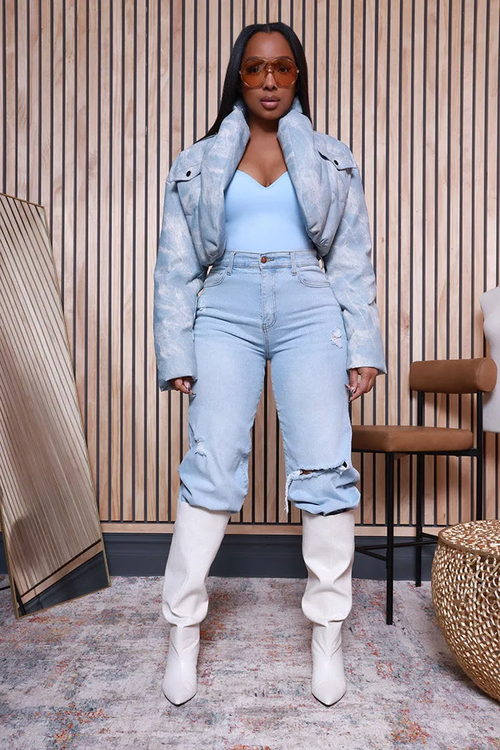 Blue Sky Textured Faux Leather Cropped Jacket - Light Blue