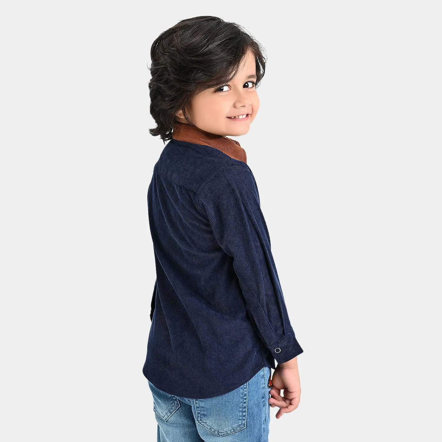 Boys Corduroy Casual Shirt F/S (Contrast Collar)-Blue