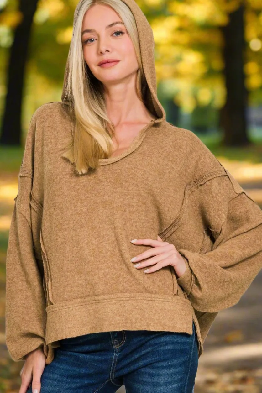 Brushed Hacci Exposed Seams Hoodie in Deep Camel