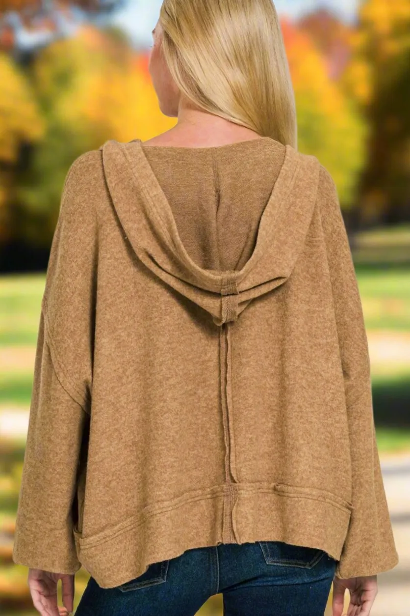 Brushed Hacci Exposed Seams Hoodie in Deep Camel