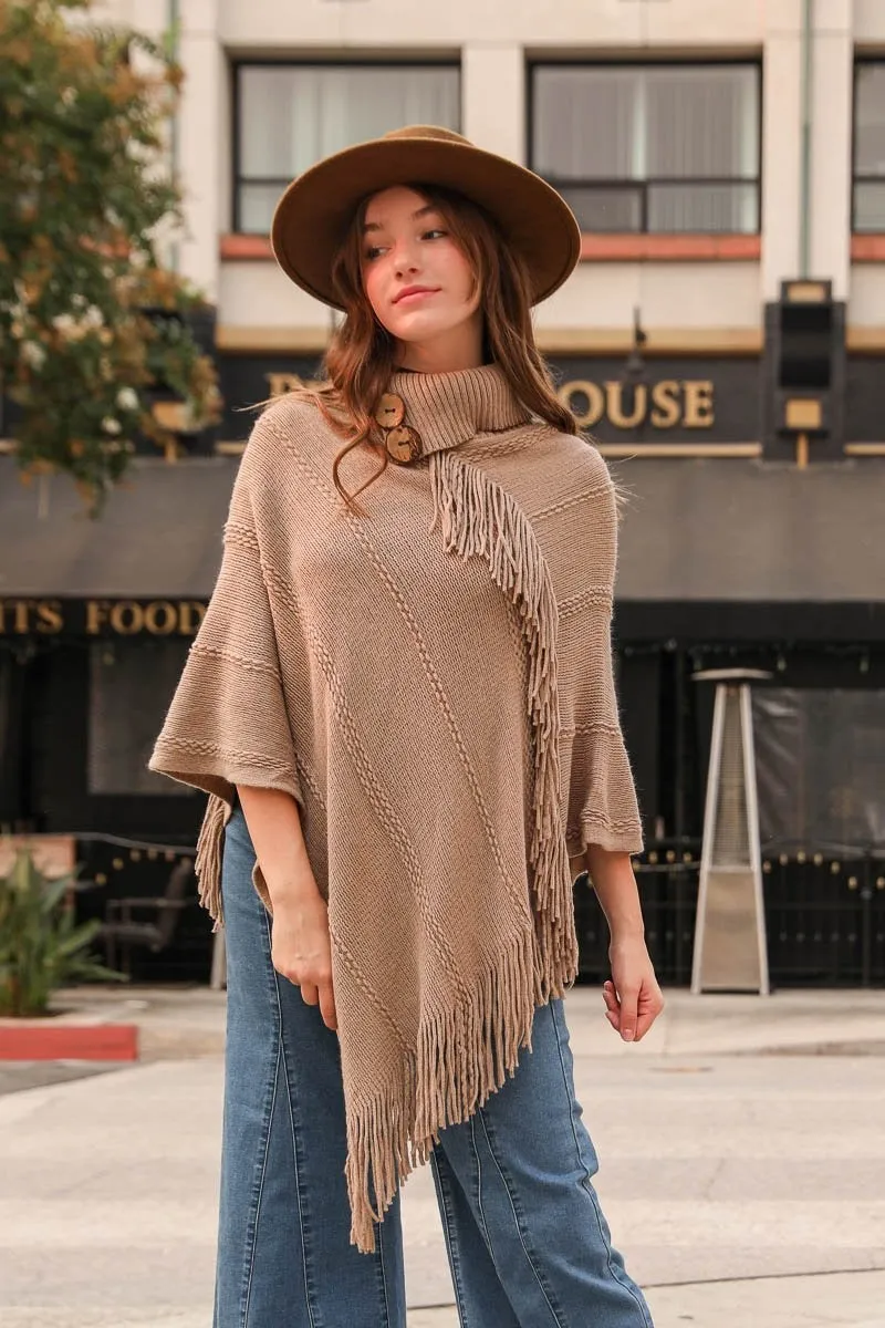 Button Neck Fringe Poncho