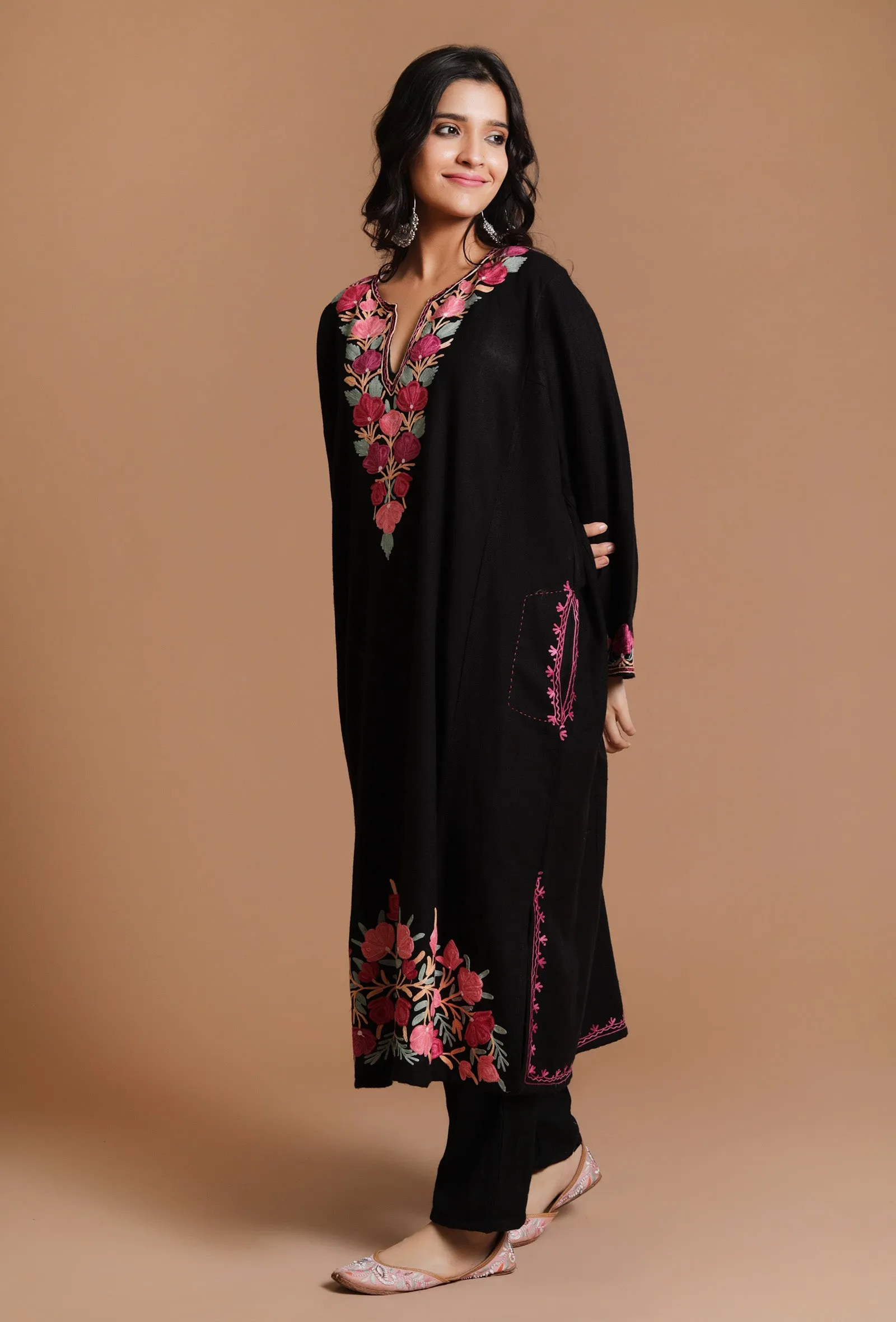 Charcoal Cozy Aari Embroidered Kashmiri Phiran-Free Size