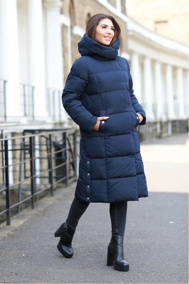 Double Second Navy Long Lux Wrap Puffer Coat