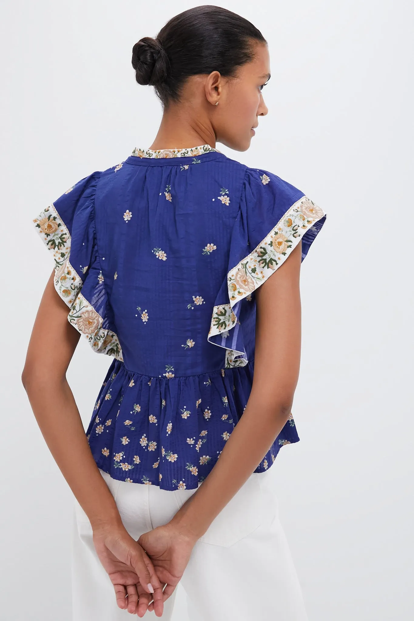 Exclusive Blue Elizabeth Print Flutter Sleeve Top