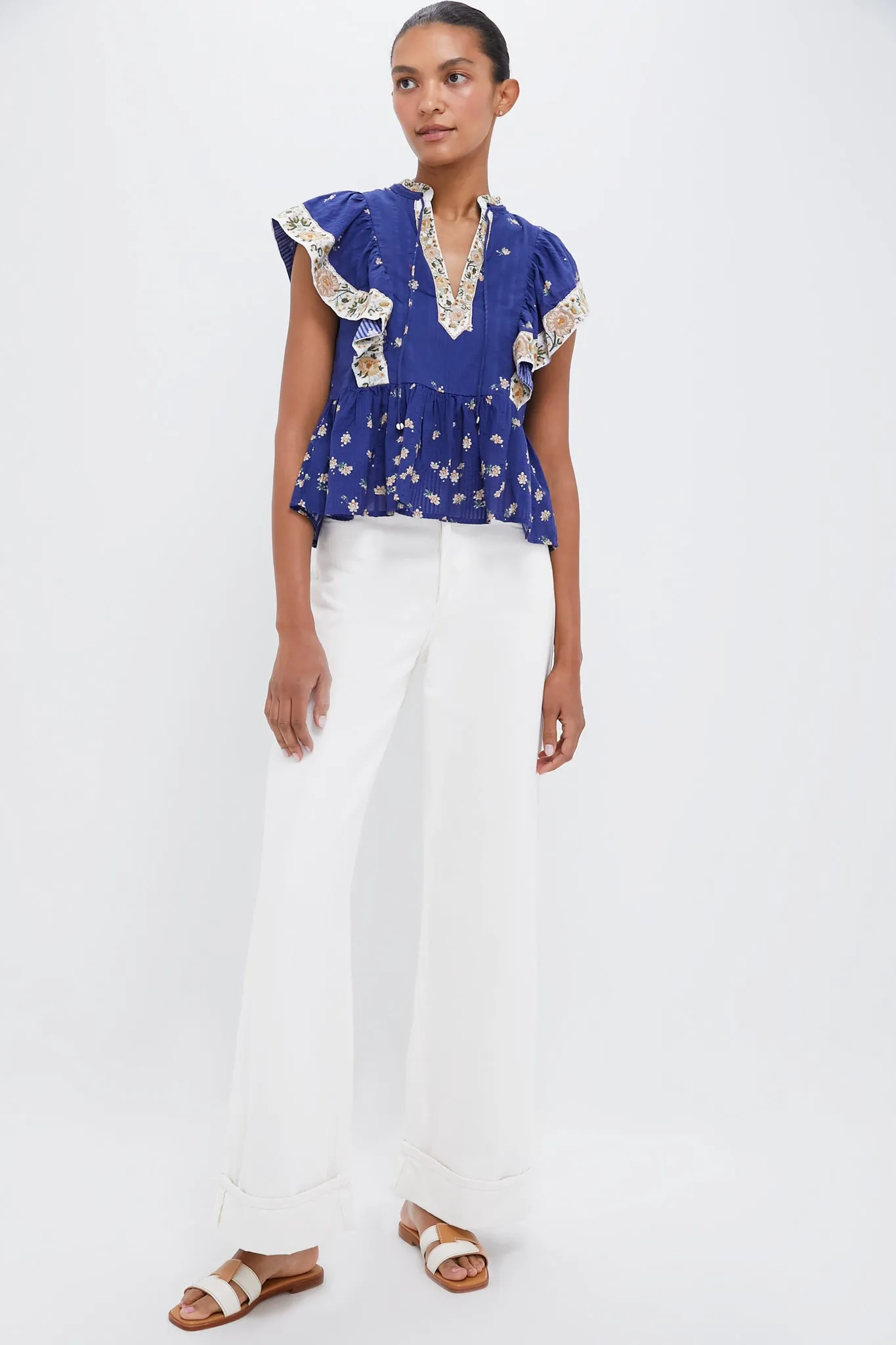 Exclusive Blue Elizabeth Print Flutter Sleeve Top