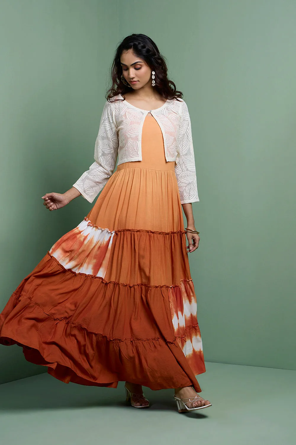 LEHER - Rust Ombre Tiered Gown With Knit Jacket