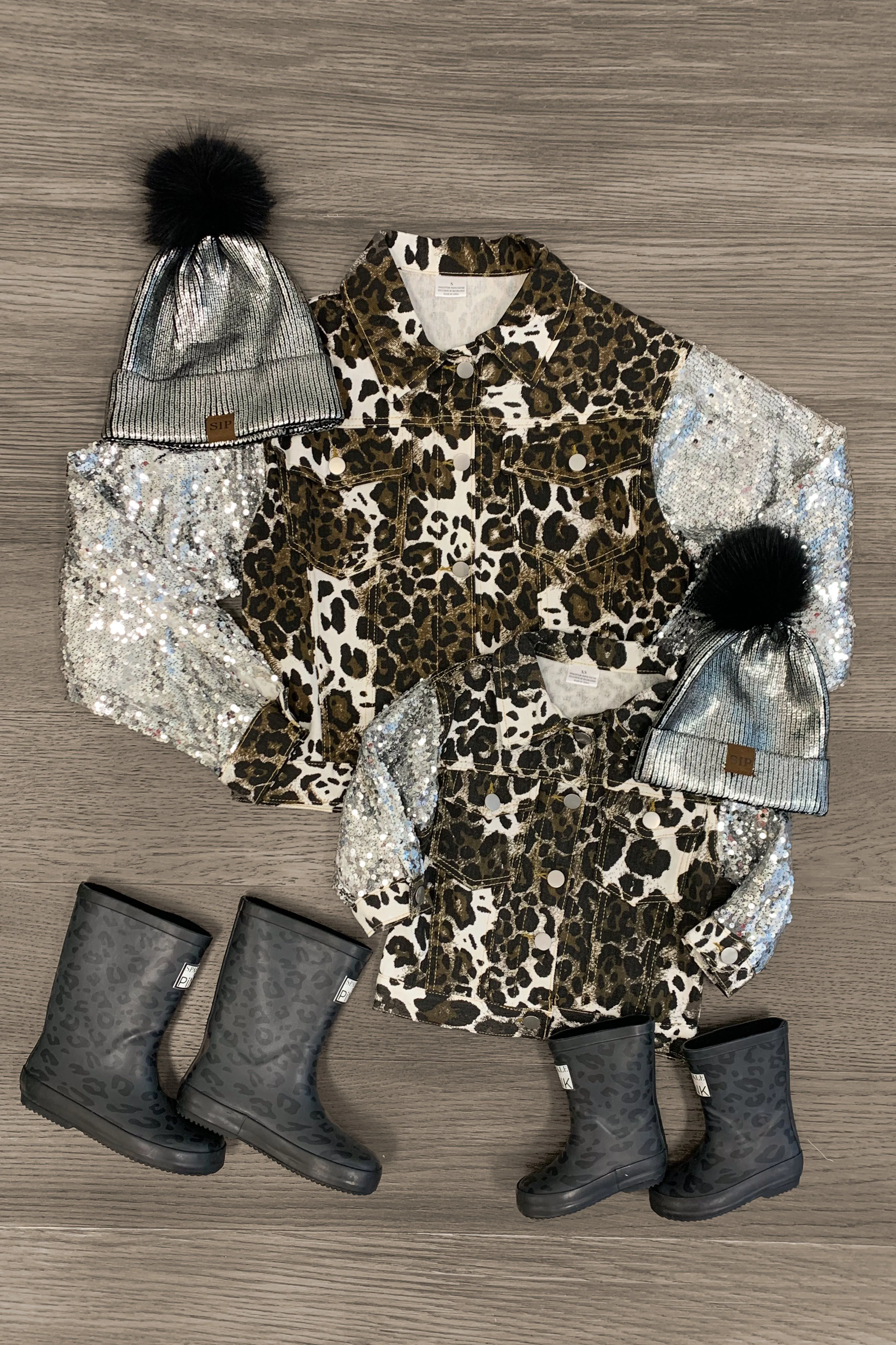 Mom & Me - White Leopard Sequin Sleeve Denim Jacket