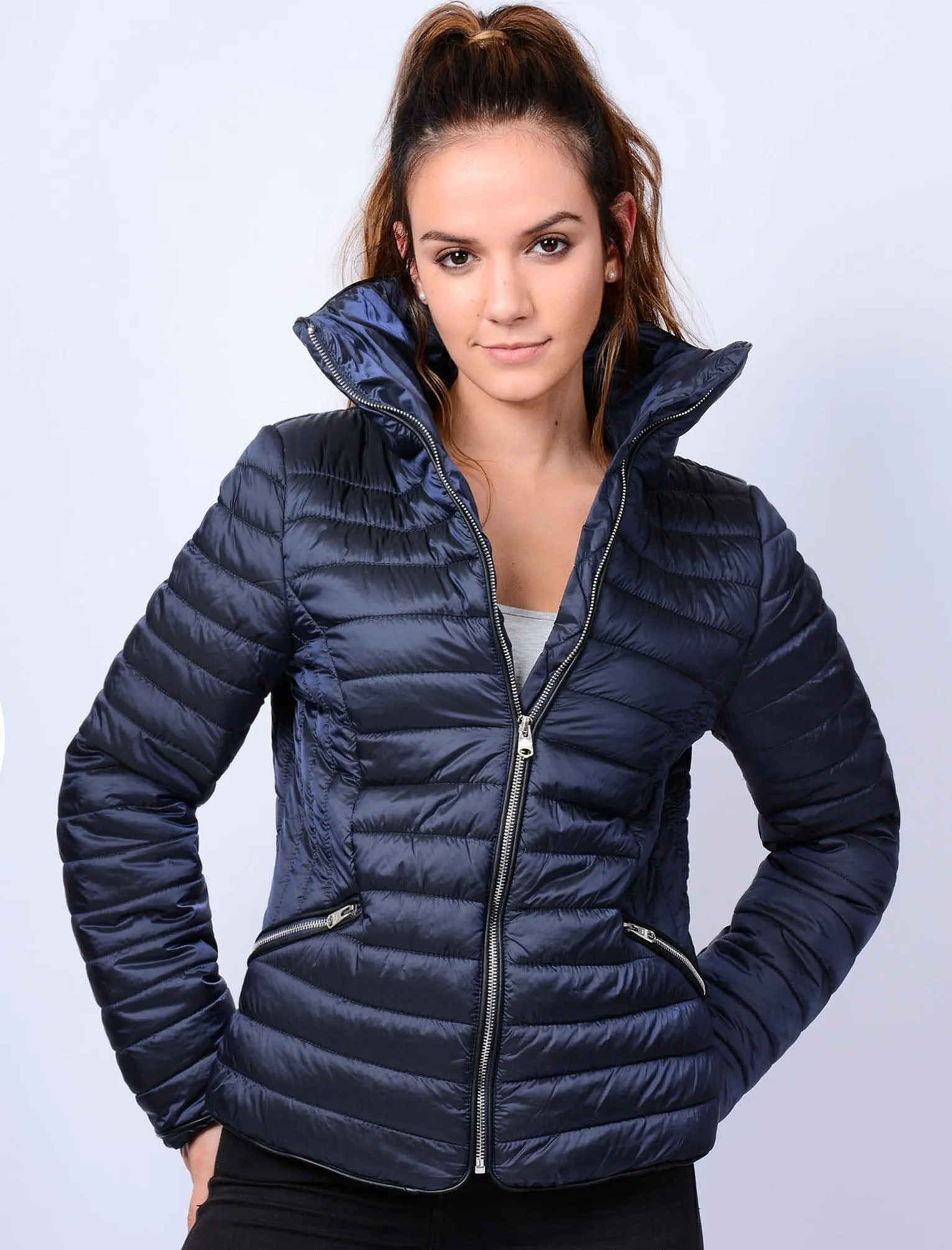 Nolanne Metallic Funnel Neck Quilted Jacket in Blue - Tokyo Laundry