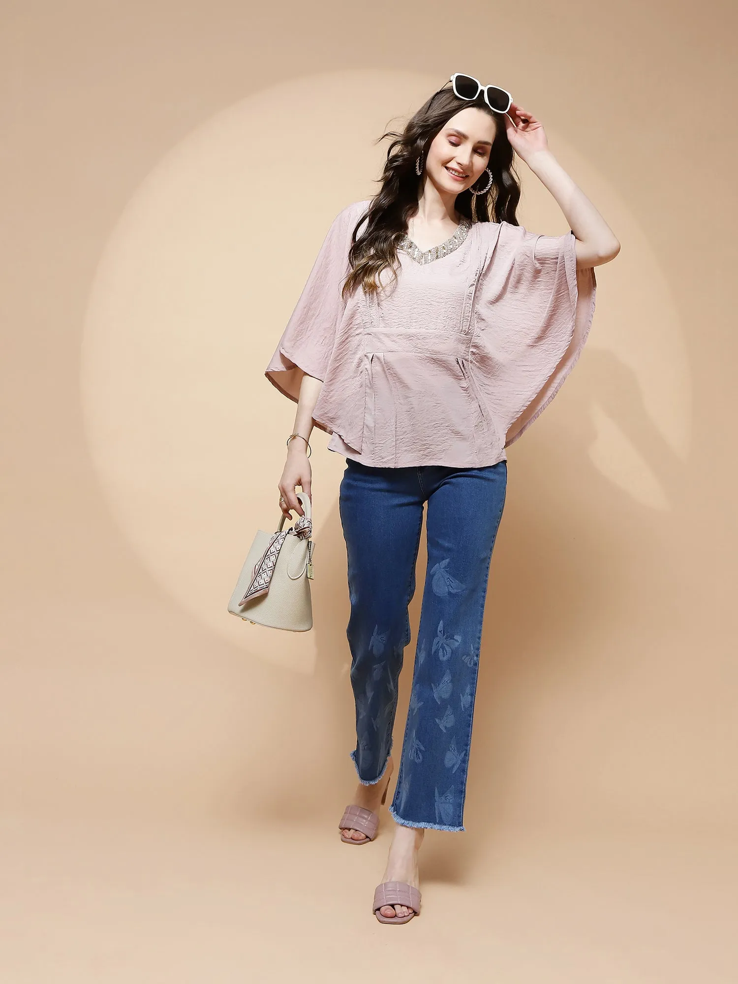 Nude Pink Polyester Blend Regular Fit Blouse For Women