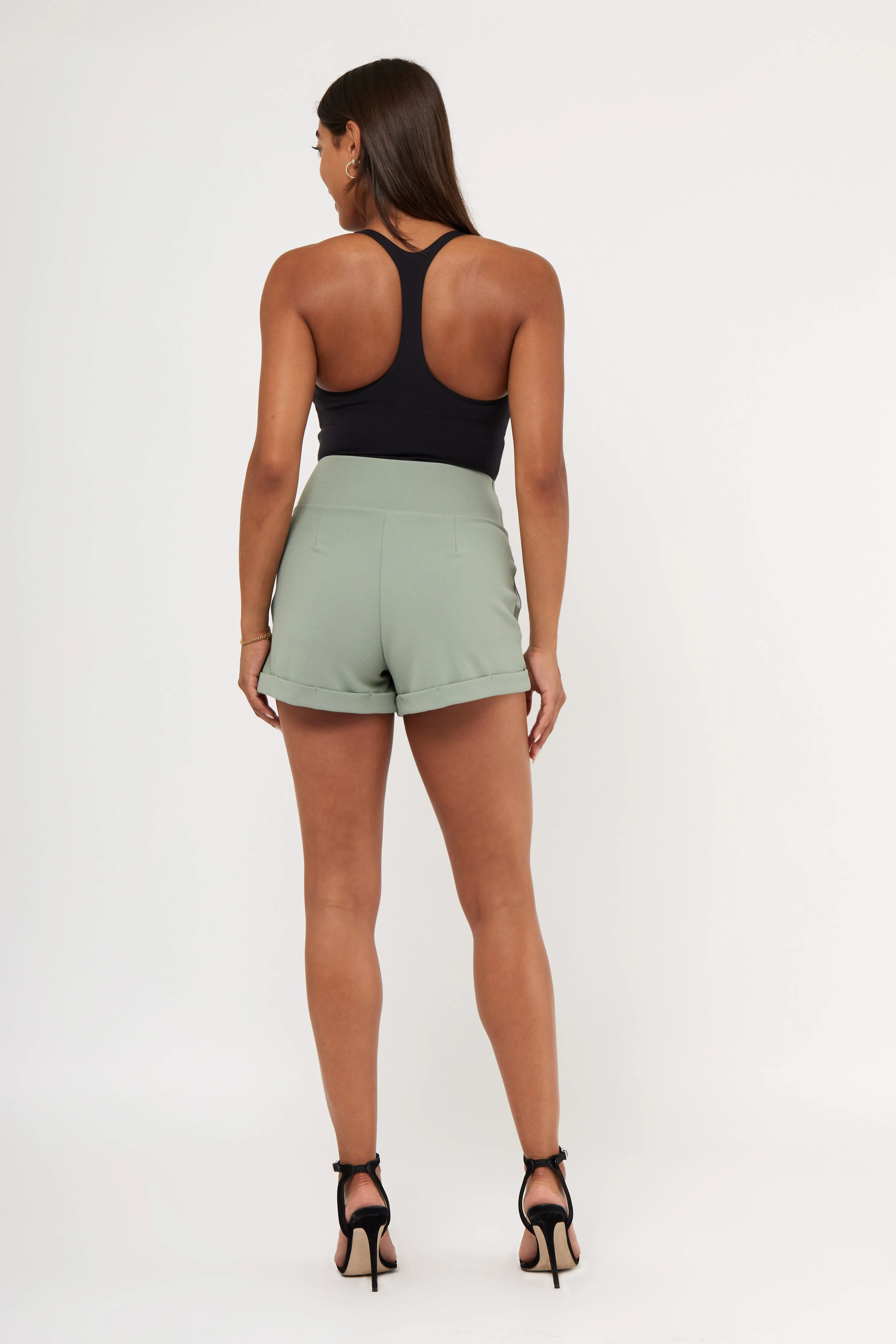 Pleat Front Knit Crepe Pull On  Cuffed Short