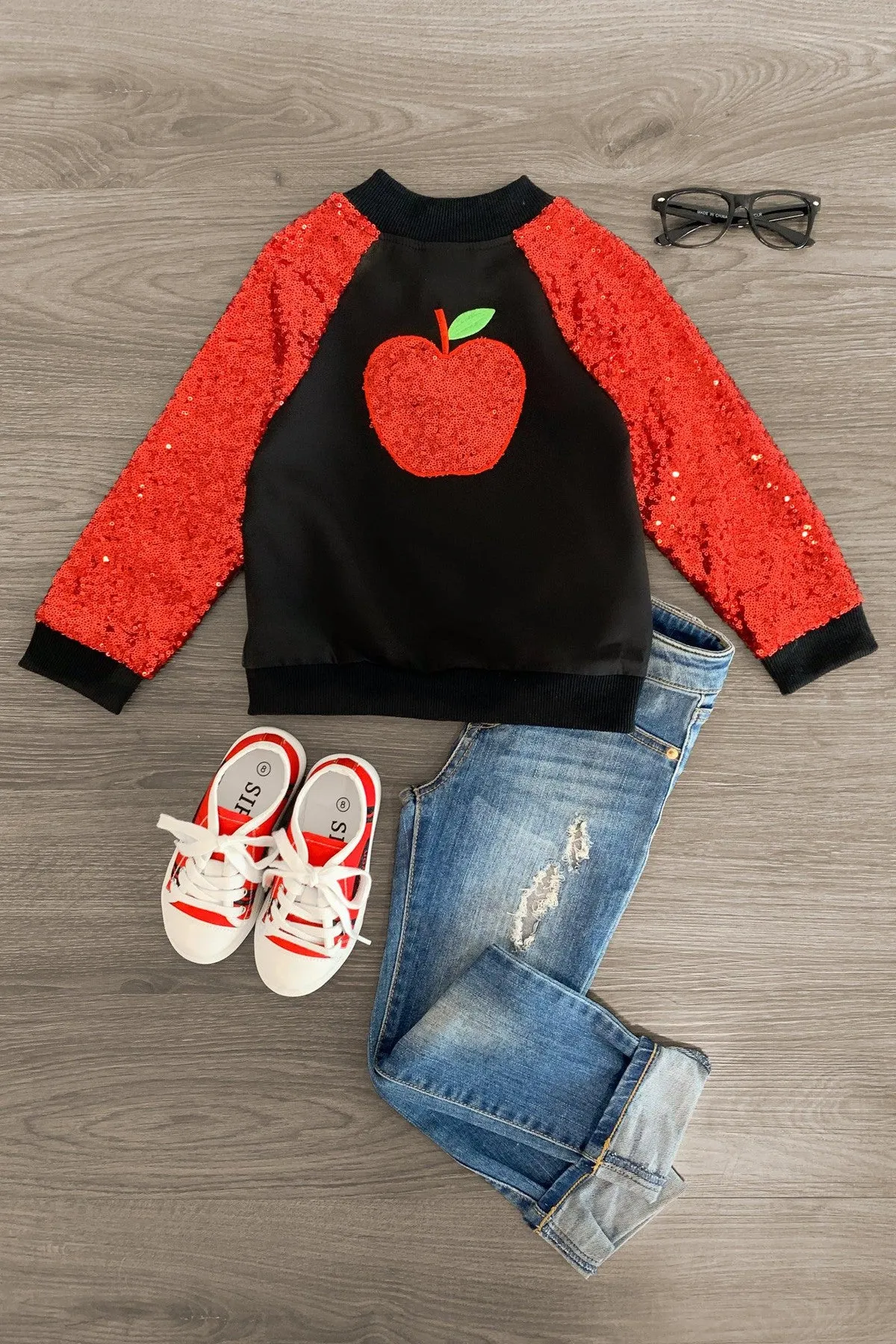 Red Sequin Apple Bomber Jacket