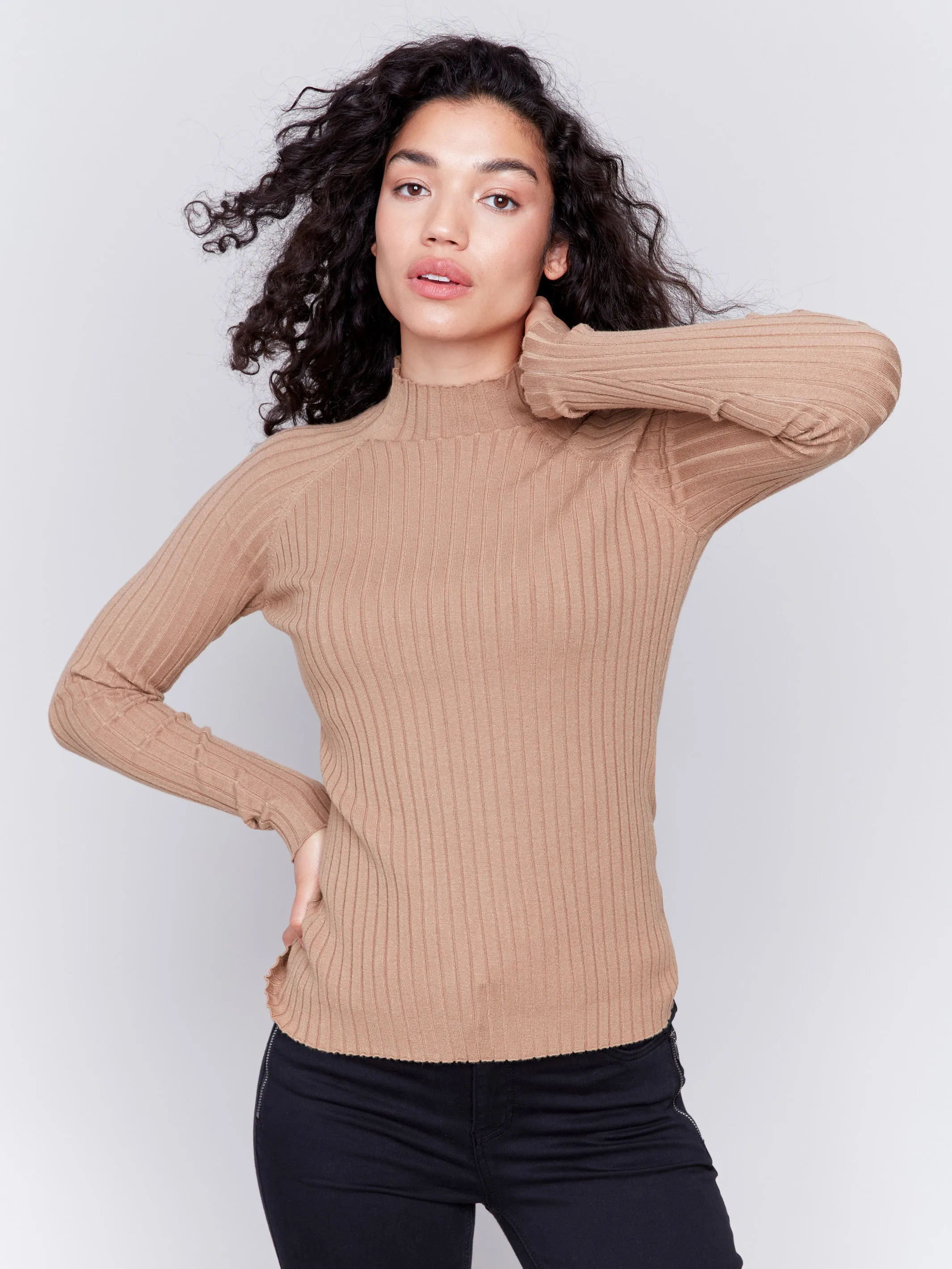 Ribbed Knit Mock Neck Sweater - Truffle