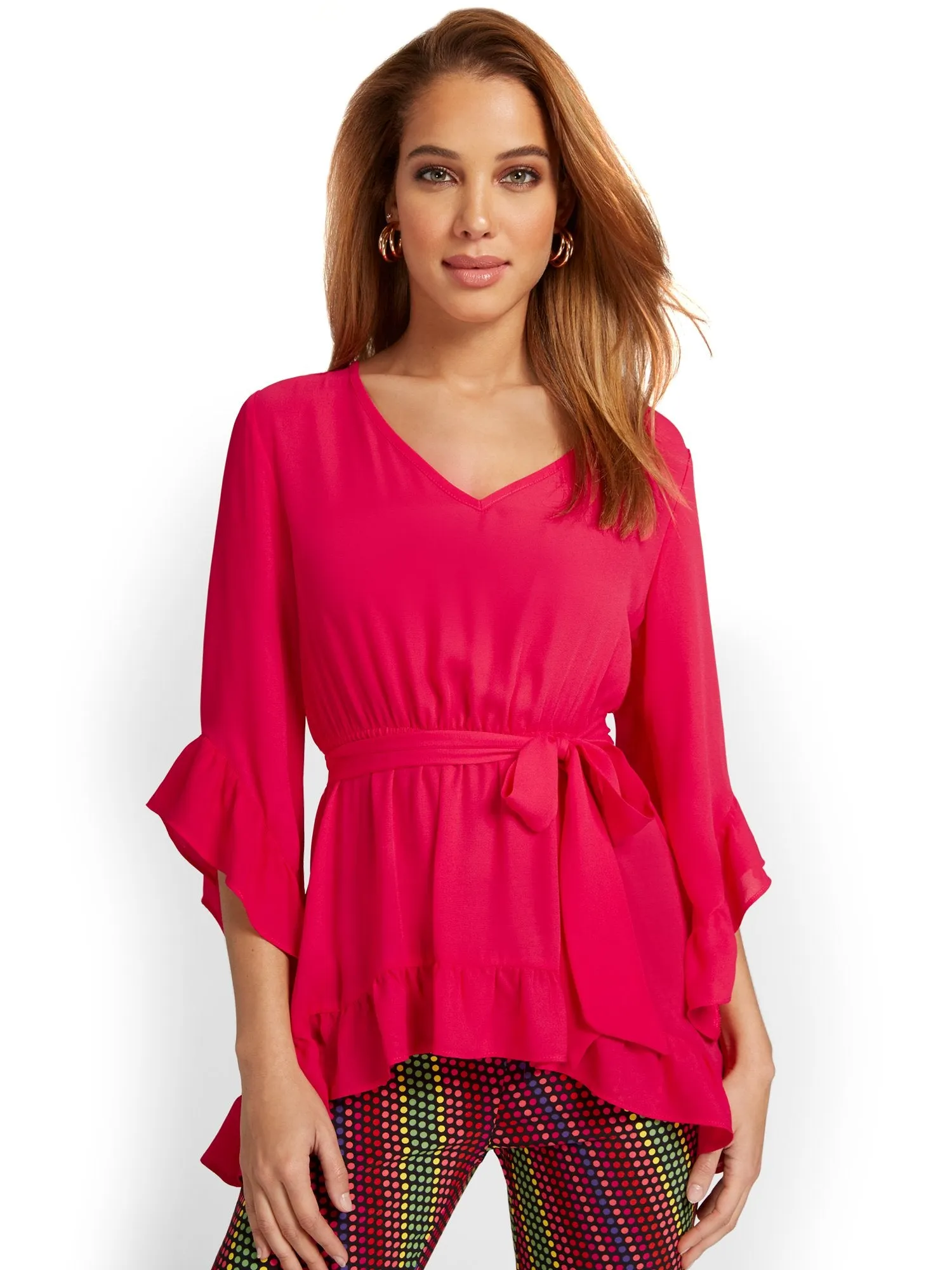 Ruffle-Sleeve Tie-Waist Tunic Top