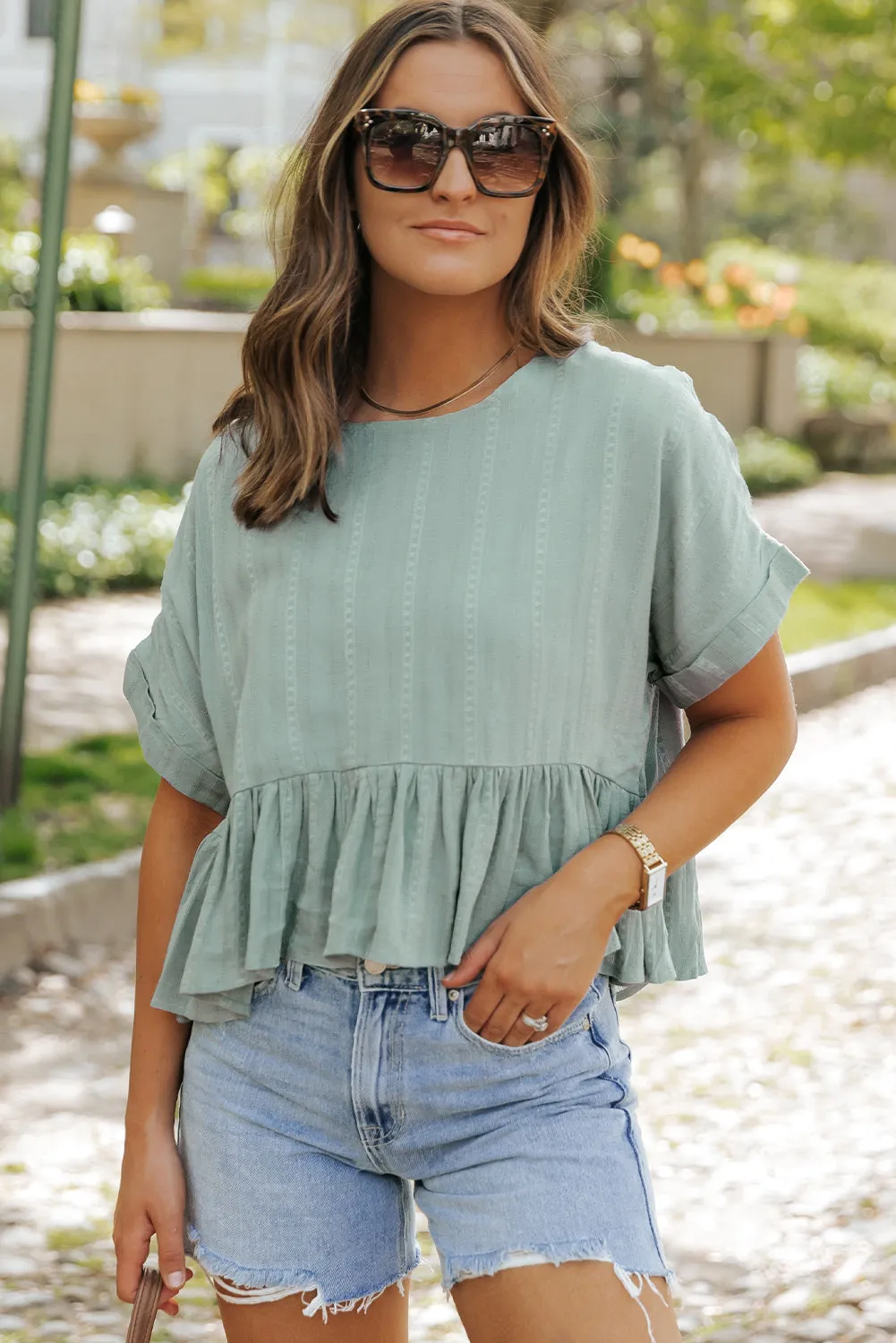 Ruffled Hem Short Sleeve Blouse