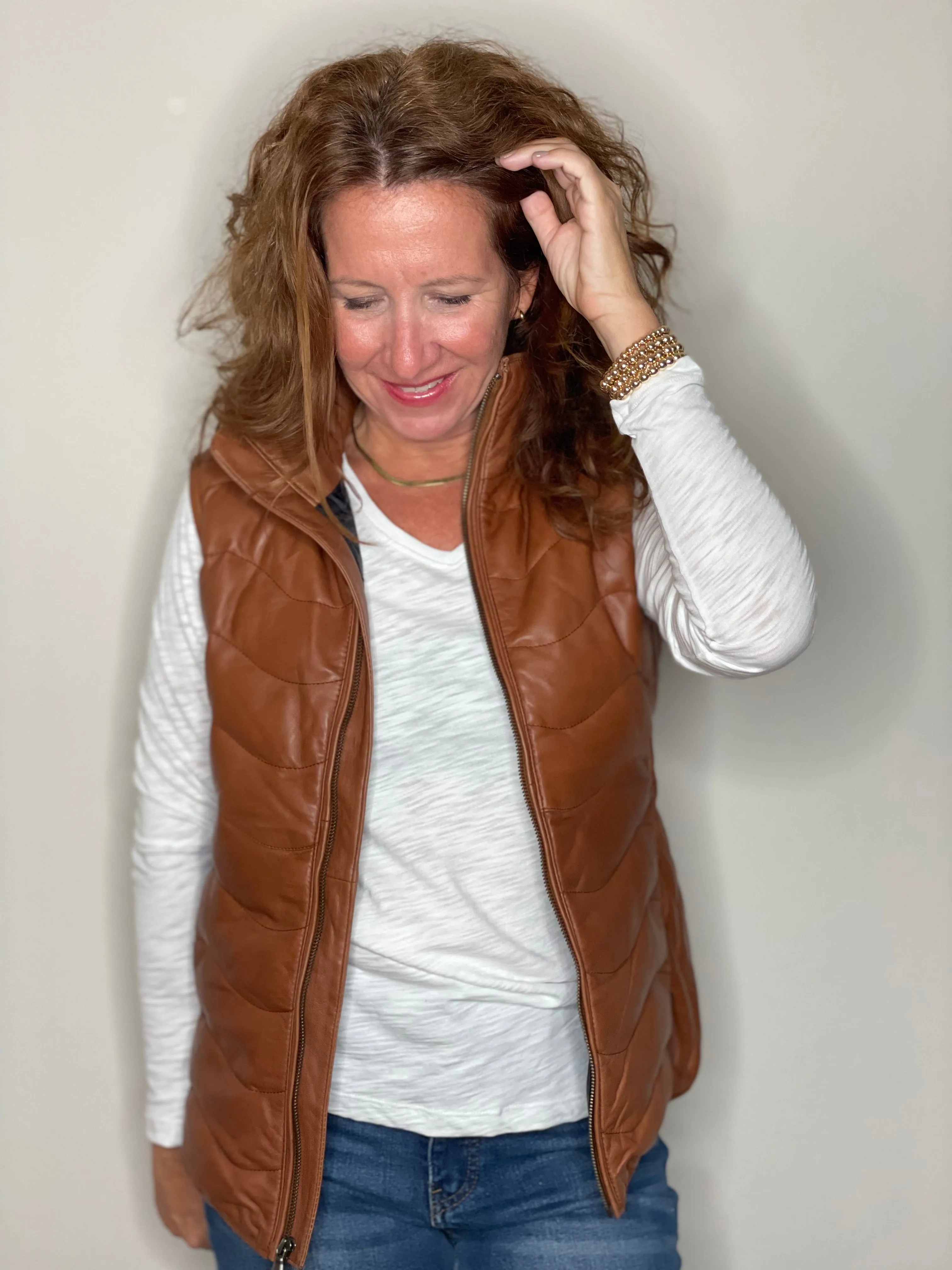 Scully Leather Puffer Vest in Cognac