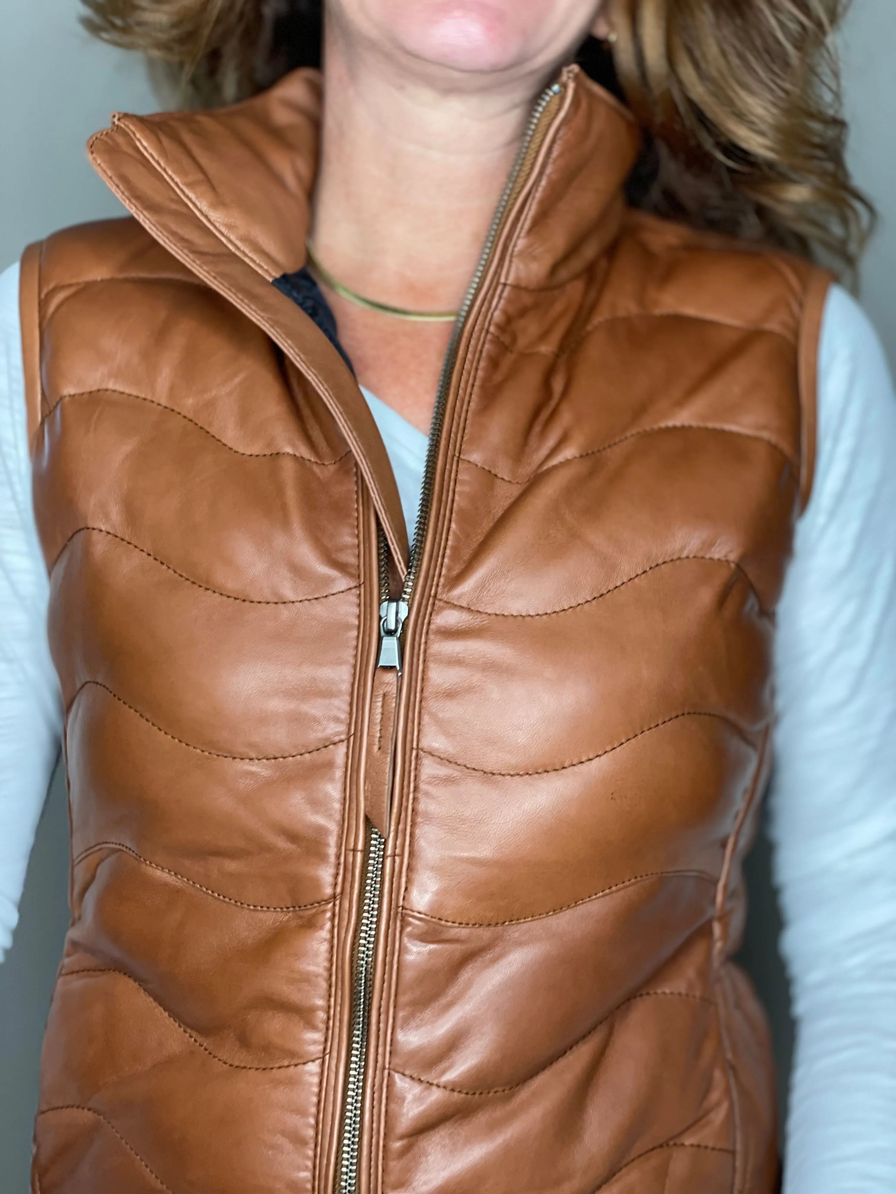 Scully Leather Puffer Vest in Cognac