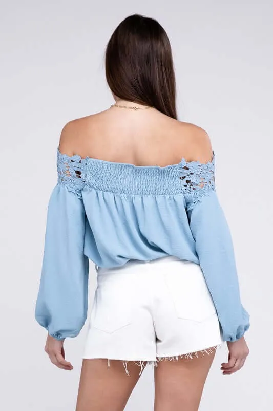 Sky Blue Lace Patchwork off-Shoulder Blouse