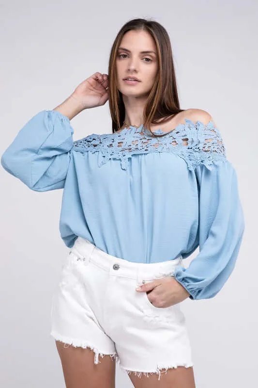 Sky Blue Lace Patchwork off-Shoulder Blouse