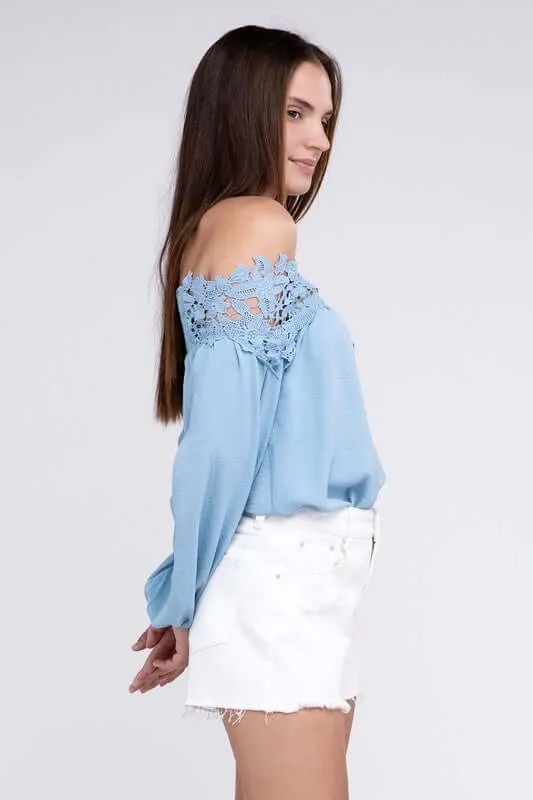 Sky Blue Lace Patchwork off-Shoulder Blouse