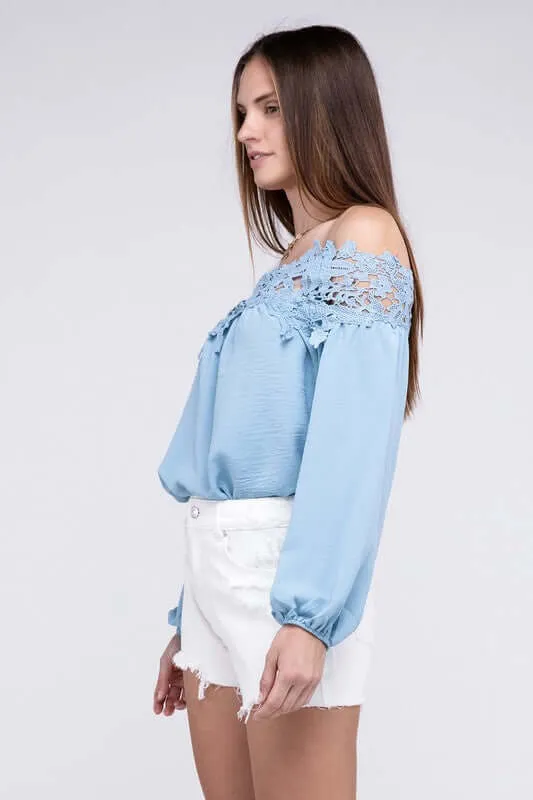 Sky Blue Lace Patchwork off-Shoulder Blouse