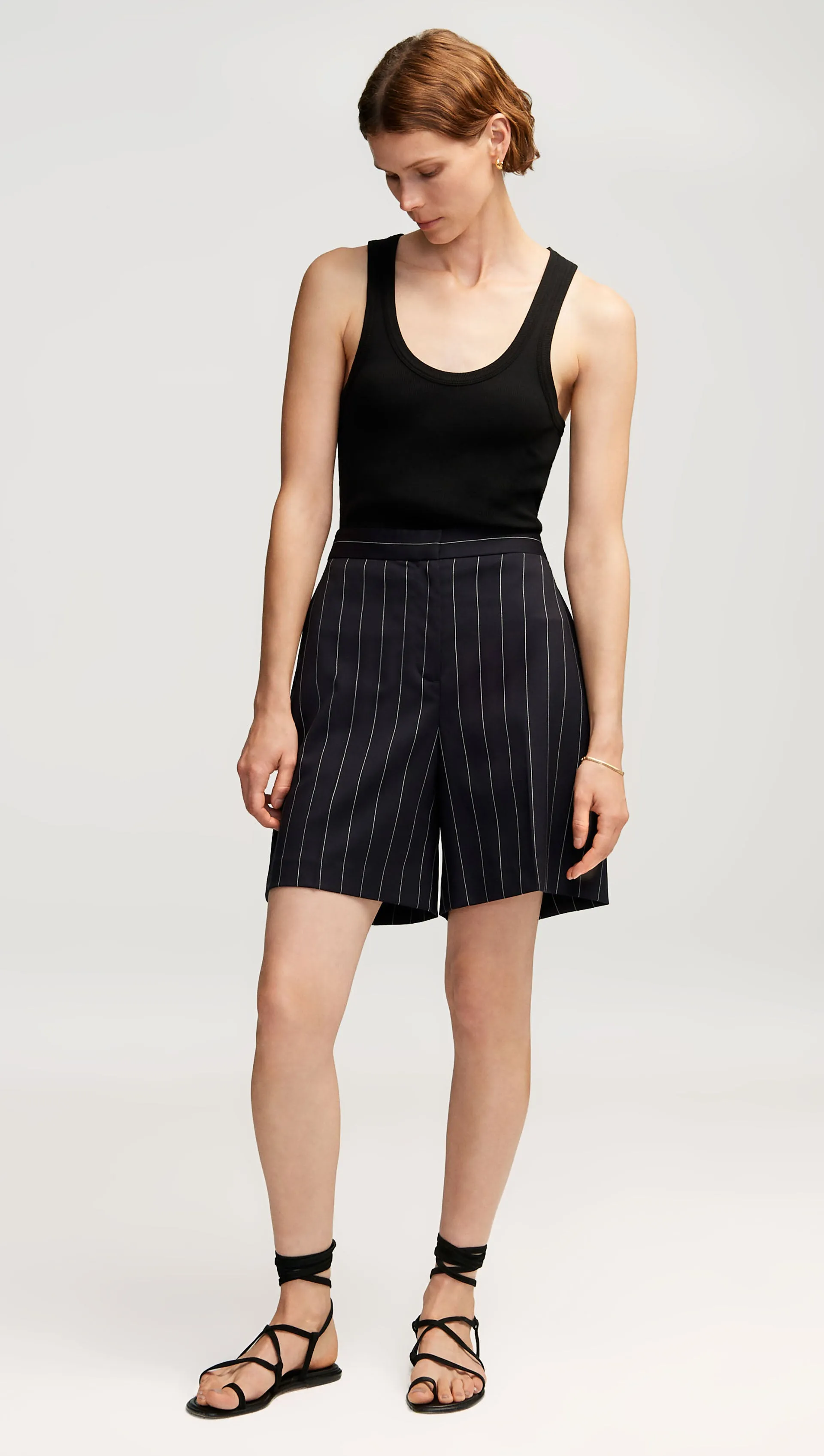 Tailored Shorts in Stretch Wool | Navy Pinstripe