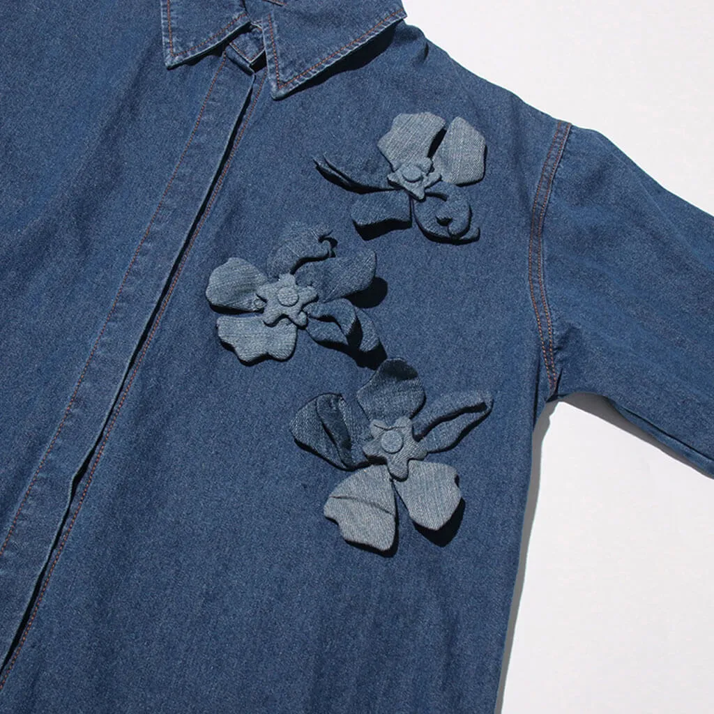 Vintage Folded Collar Long Sleeve Button Up Oversized Rosette Denim Shirt