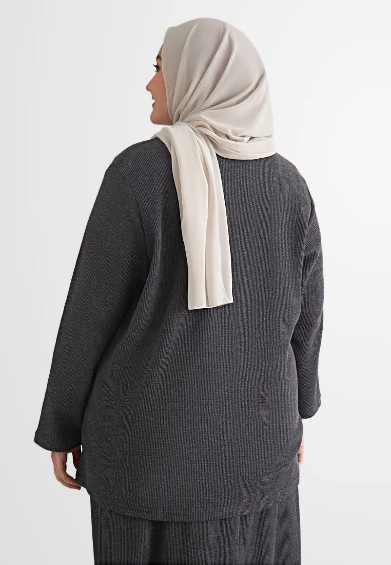 Wafah Long Sleeves Waffle Top - Dark Grey