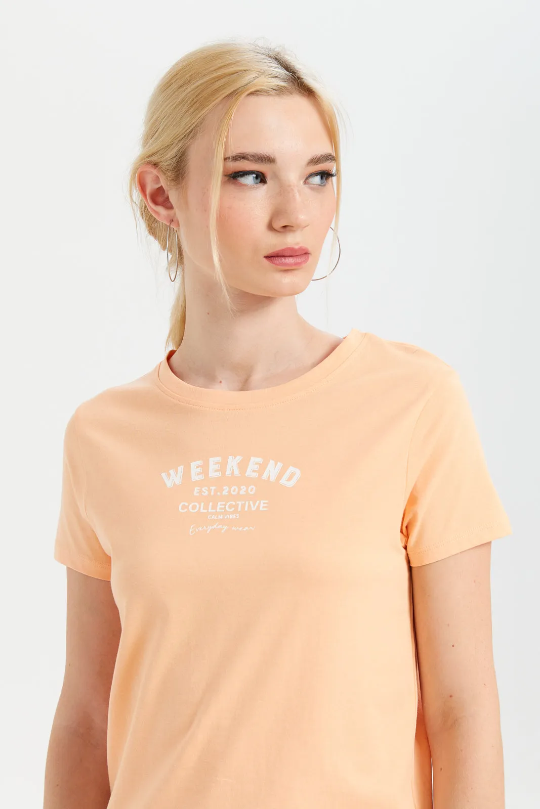 Women Orange Weekend Printed T-Shirt