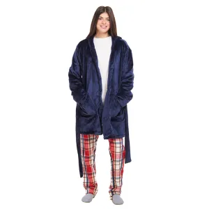 Women Winter Pajama Set Dark blue Robe   Red x Dark Blue Checkered Pants