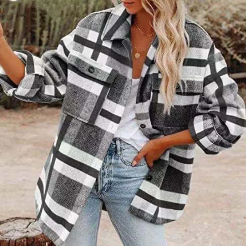 Women's Autumn Winter Long Sleeve Loose Plaid Shirt Coat