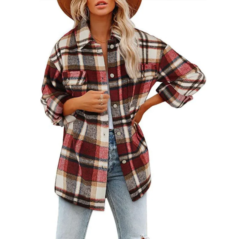 Women's Autumn Winter Long Sleeve Loose Plaid Shirt Coat