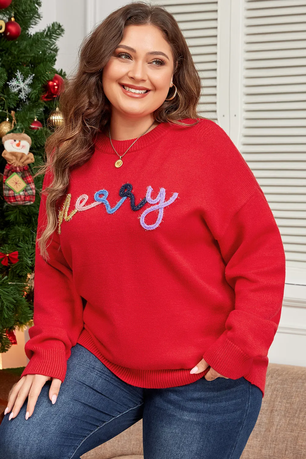 Womens Red Tinsel "Merry" Pattern Drop Shoulder Plus Size Christmas Sweater