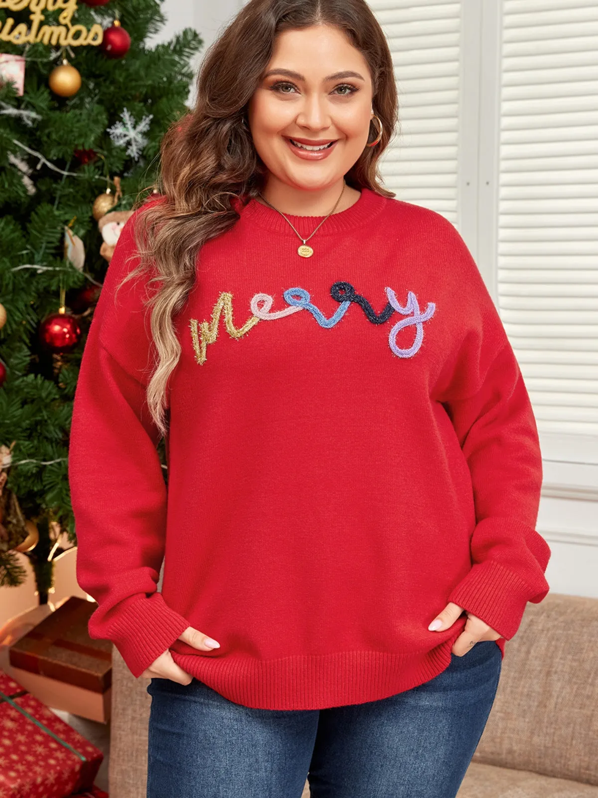 Womens Red Tinsel "Merry" Pattern Drop Shoulder Plus Size Christmas Sweater