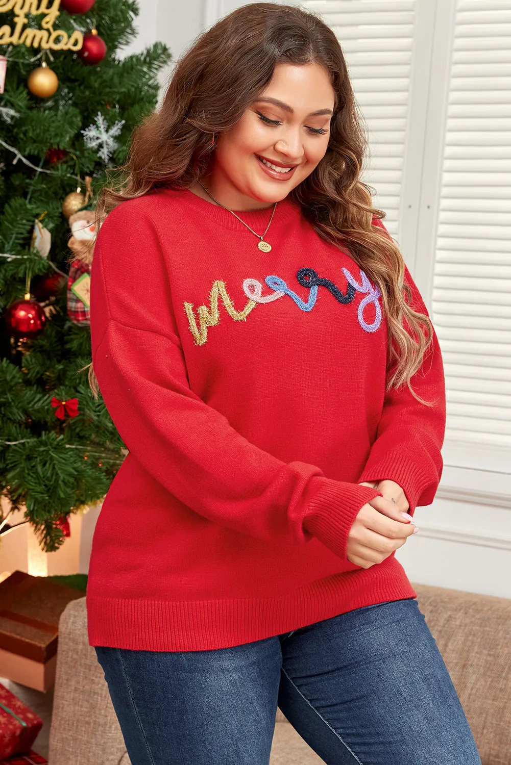 Womens Red Tinsel "Merry" Pattern Drop Shoulder Plus Size Christmas Sweater