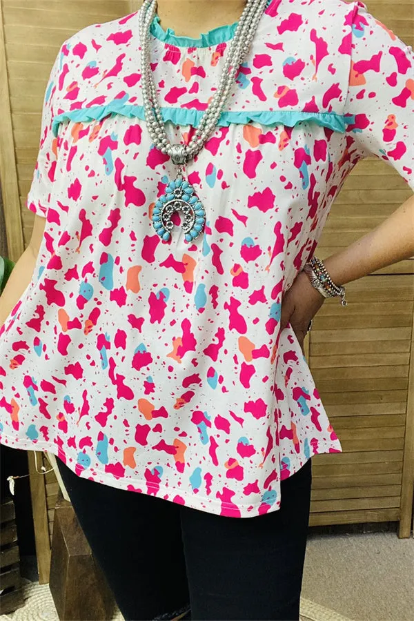 XCH15803 Mint&fuchsia leopard printed w/ruffle short sleeve women tops